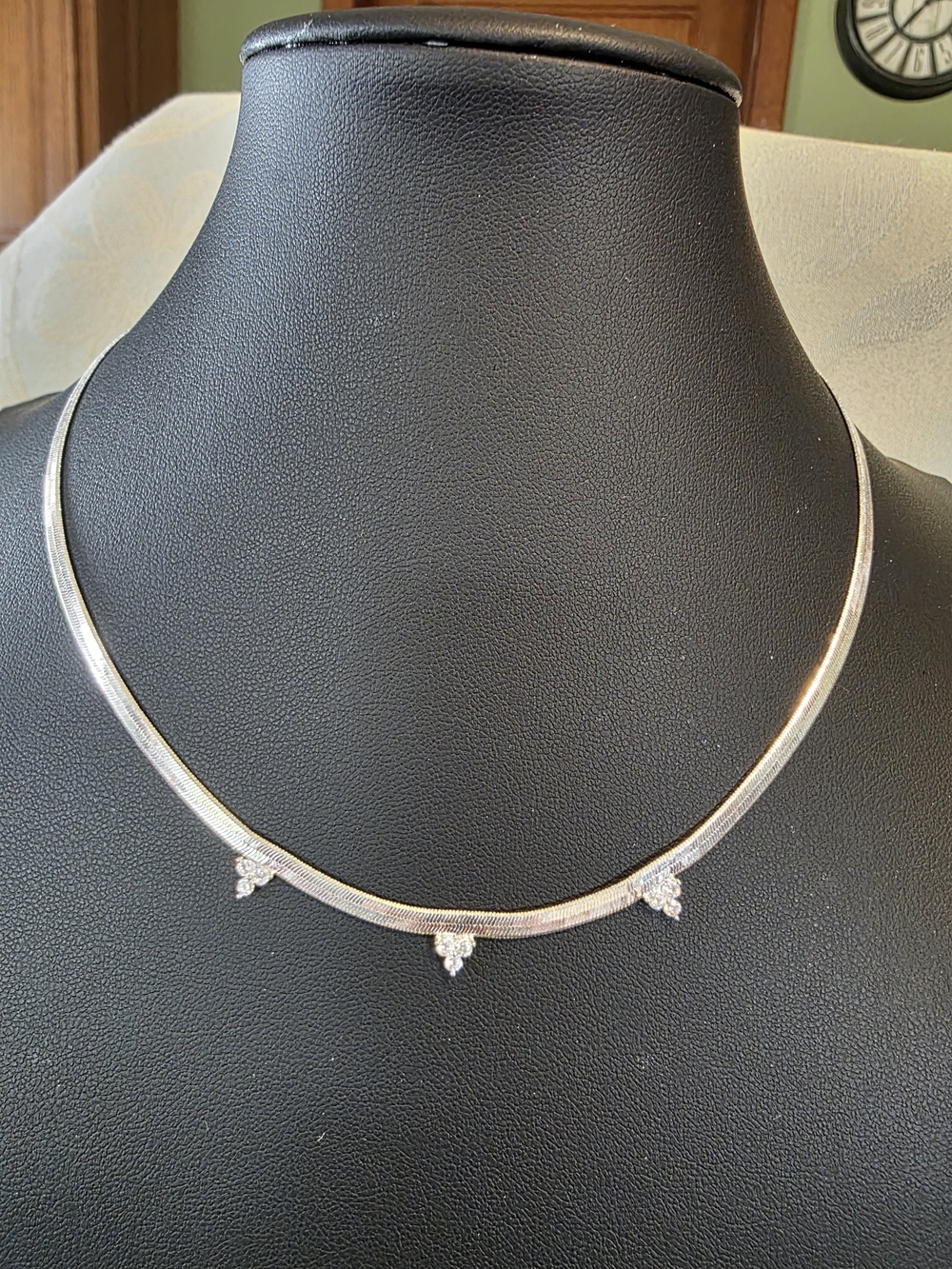 #313 Silver-Tone Herringbone Necklace with Triple Crystal Drops